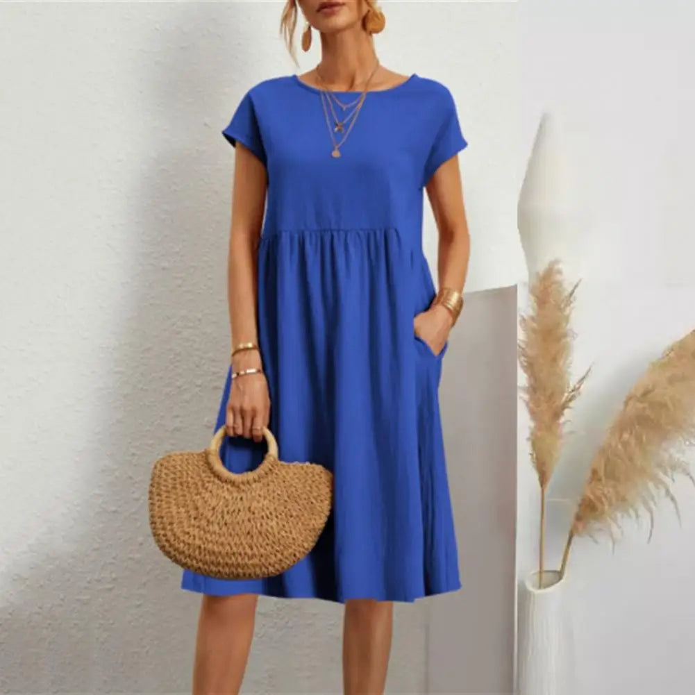 Women’s Vintage O-Neck Casual Summer Dress with Pockets