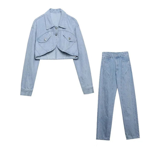 Light blue denim jacket and jeans set with 'Aidenfei' branding on a white background