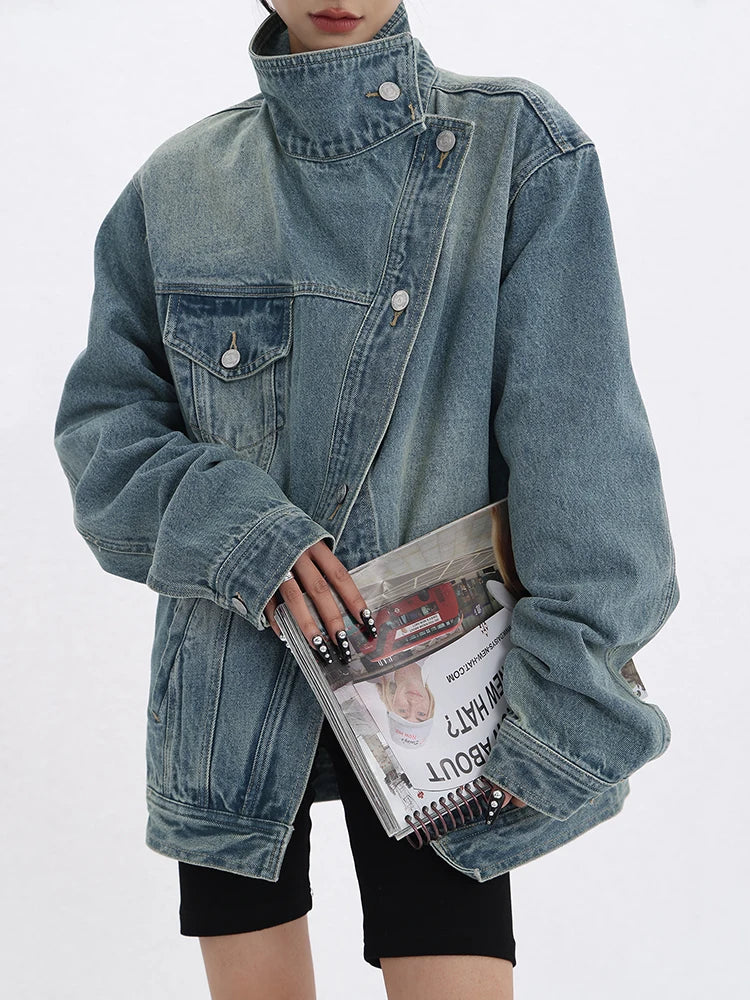 Denim Charm Patchwork Turtleneck Coat