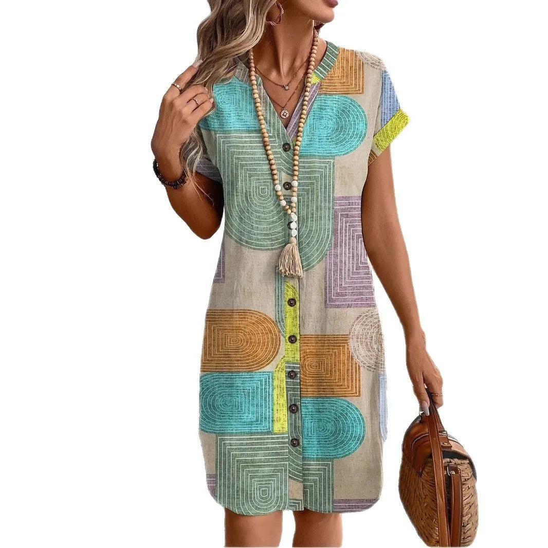 Chic Geo Print V Neck Button Dress