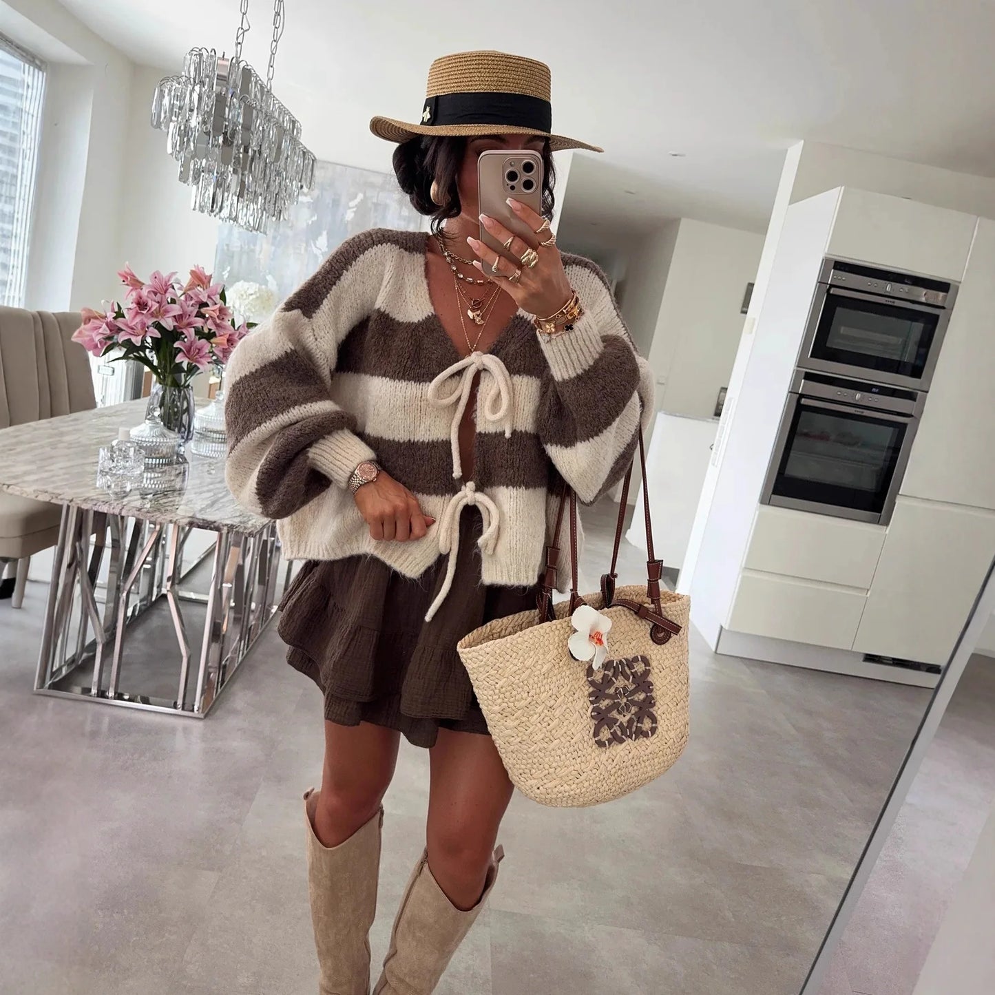 Knitted Open Cardigan Round Neck