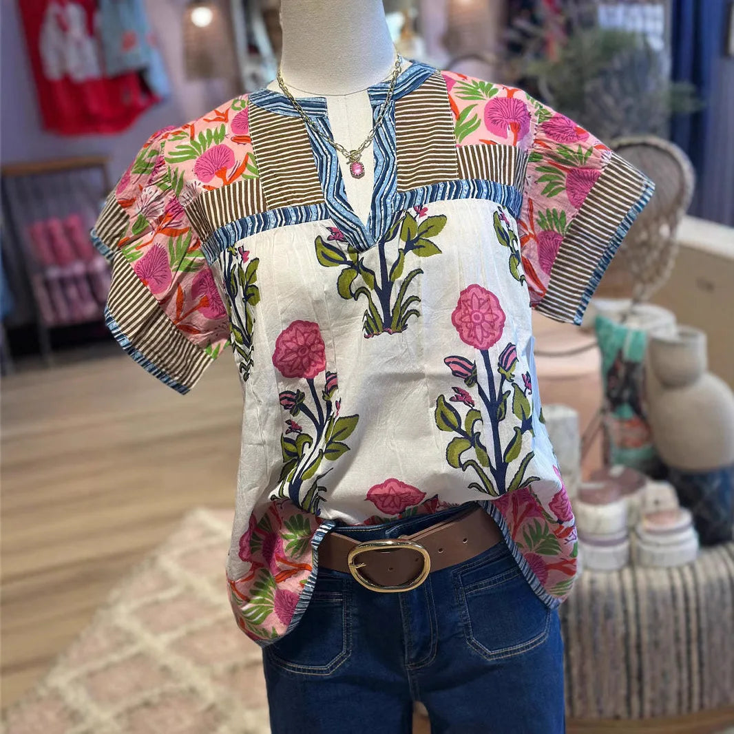 Floral Splice V Neck Casual Tee