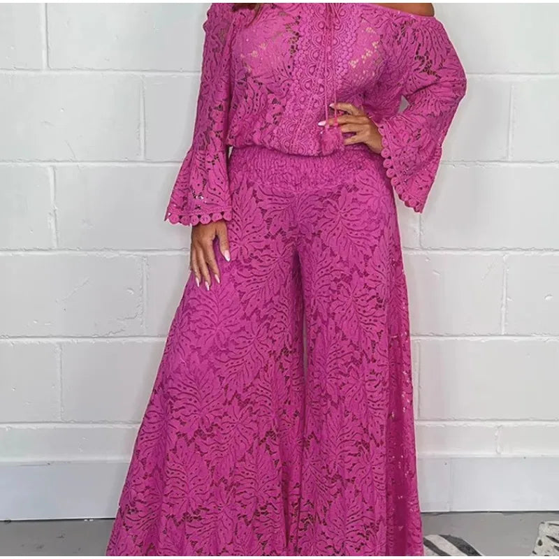 Off-the-Shoulder Bell Sleeve Top & Lace Wide-Leg Pants Set