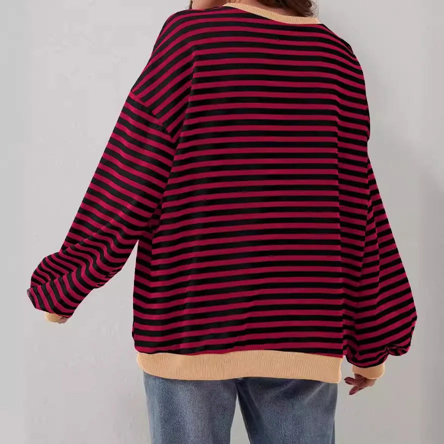 Women's Striped Crew Neck Long Sleeve Pullover Sweater for Fall/Winter Homewear