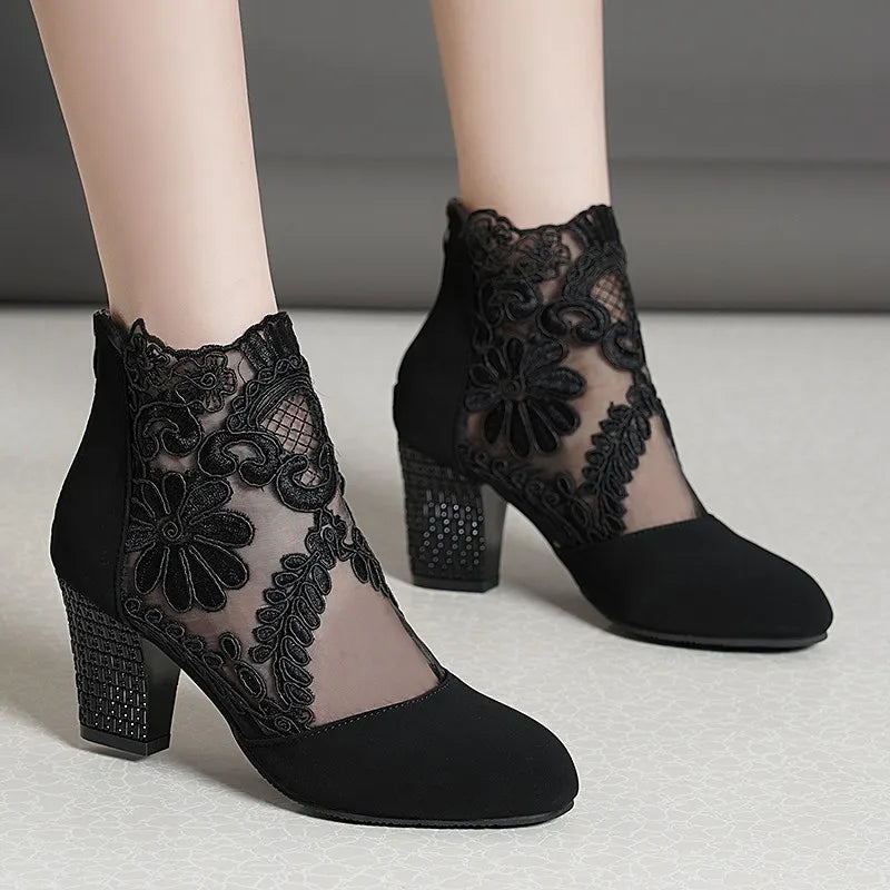 Lace Bloom Hollow Ankle Heels