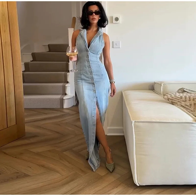 Urban Edge Denim Slit Maxi Dress