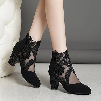 Lace Bloom Hollow Ankle Heels