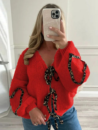 Leopard Lace-Up V-Neck Cardigan