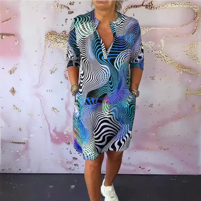 Print Aura Elegant V-Neck Sweater Dress