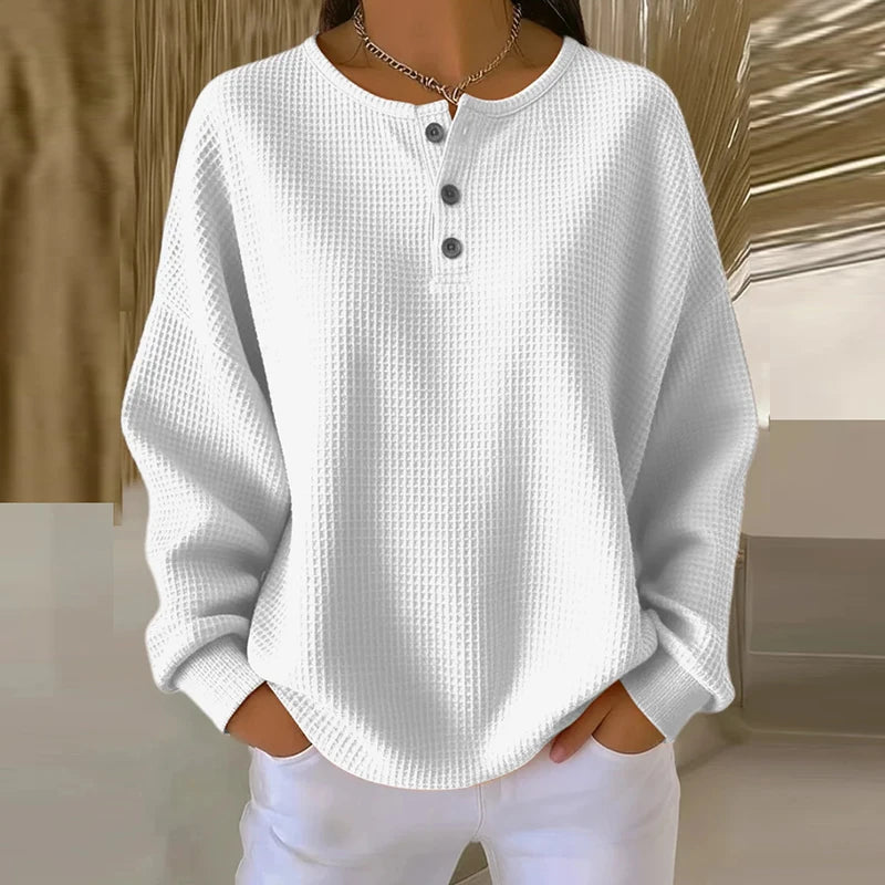 Button Design Pullover — Casual Long Sleeve Top