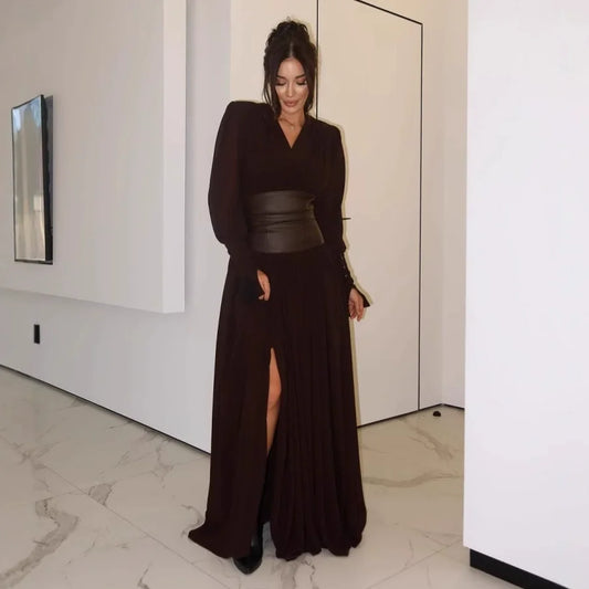 Elegant Waist-Cinch V-Neck Maxi Dress