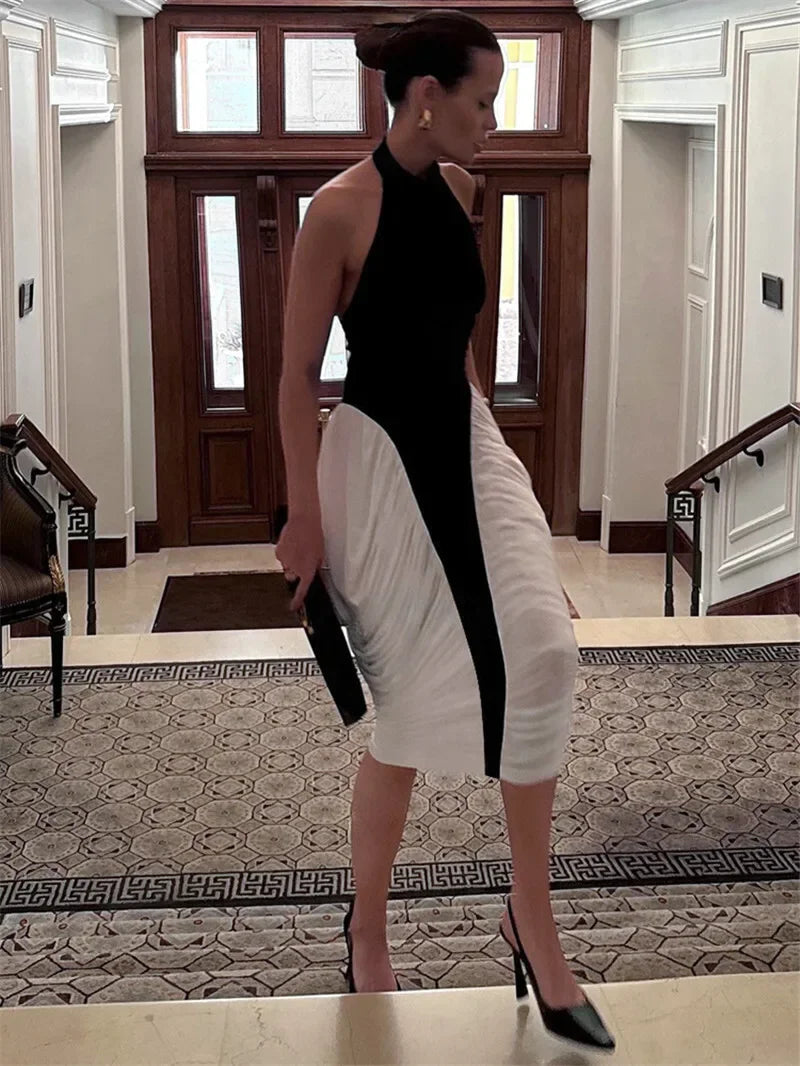 Elegant Patchwork Halter Midi Dress