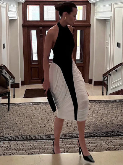 Elegant Patchwork Halter Midi Dress