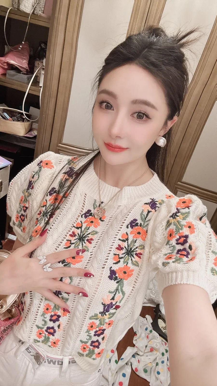 Embroidered Grace Puff Sleeve Knit