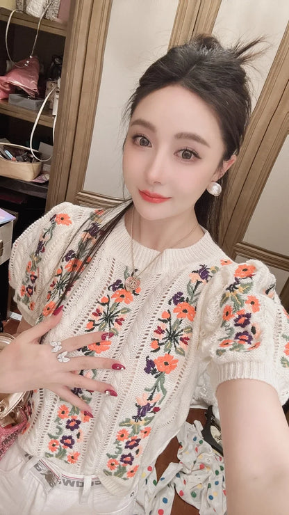 Embroidered Grace Puff Sleeve Knit