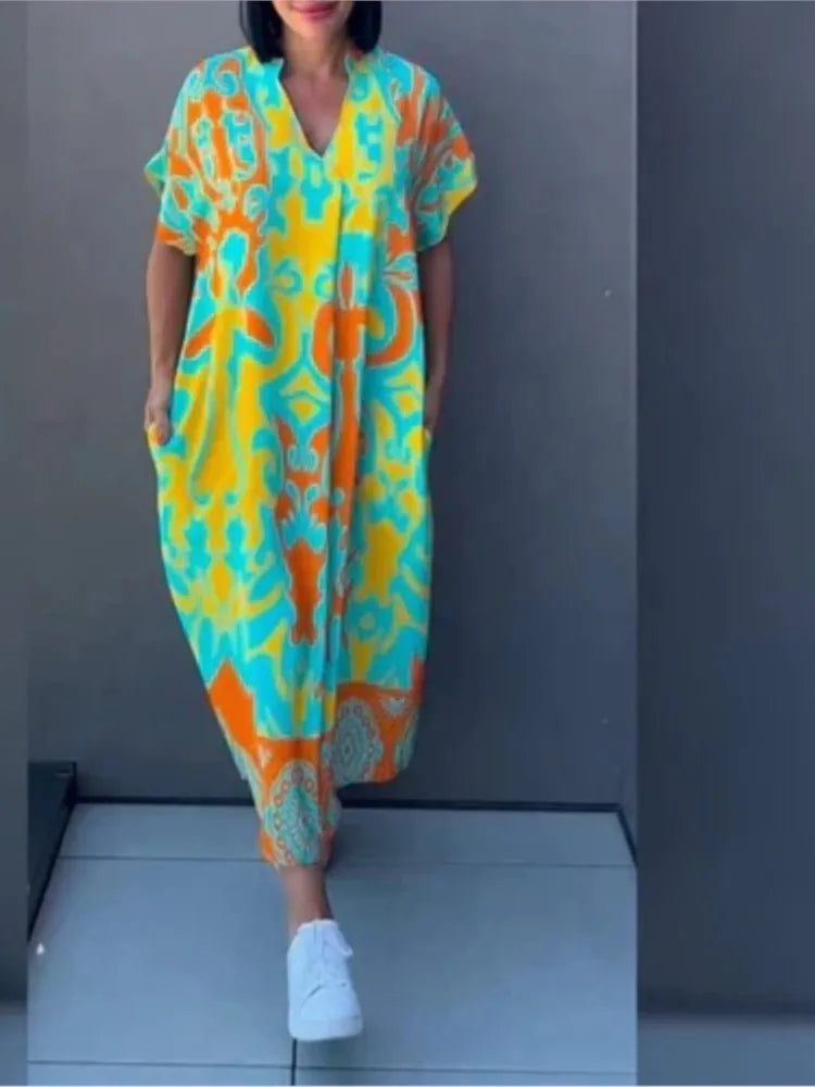 Elegant Floral Print V-Neck A-Line Dress