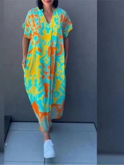 Elegant Floral Print V-Neck A-Line Dress