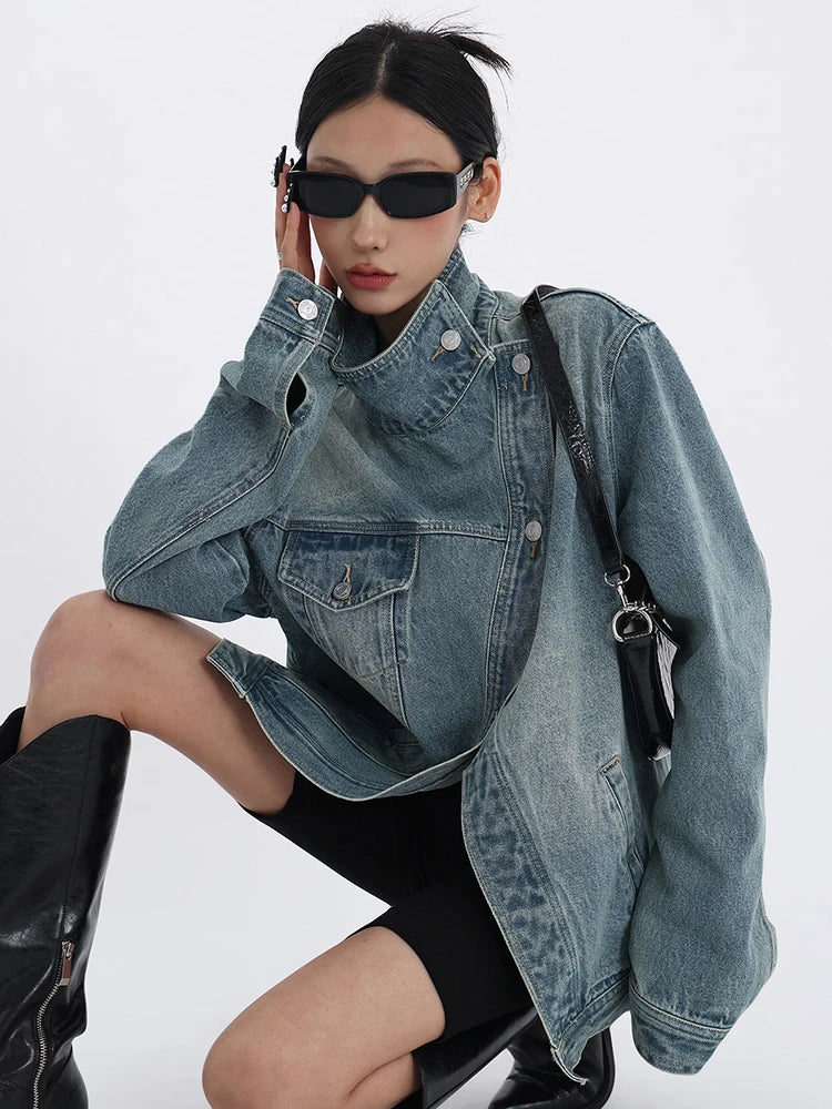 Denim Charm Patchwork Turtleneck Coat