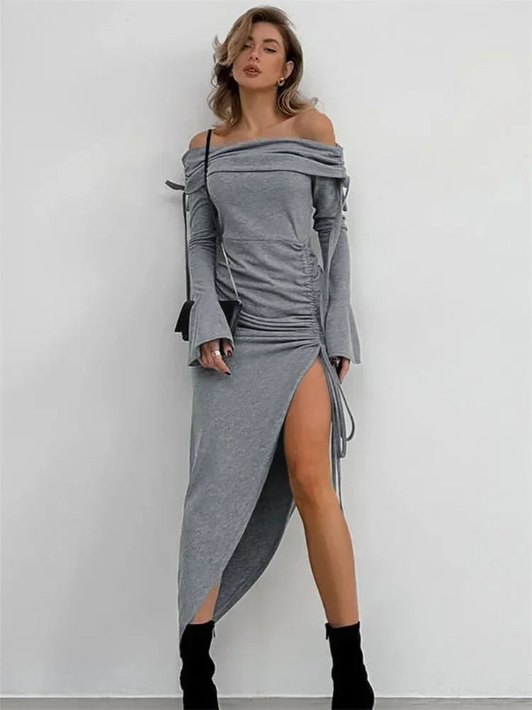 Off-Shoulder Lace-Up Maxi Dress