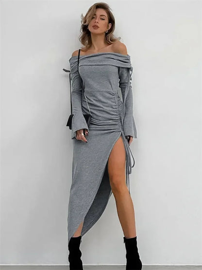 Off-Shoulder Lace-Up Maxi Dress