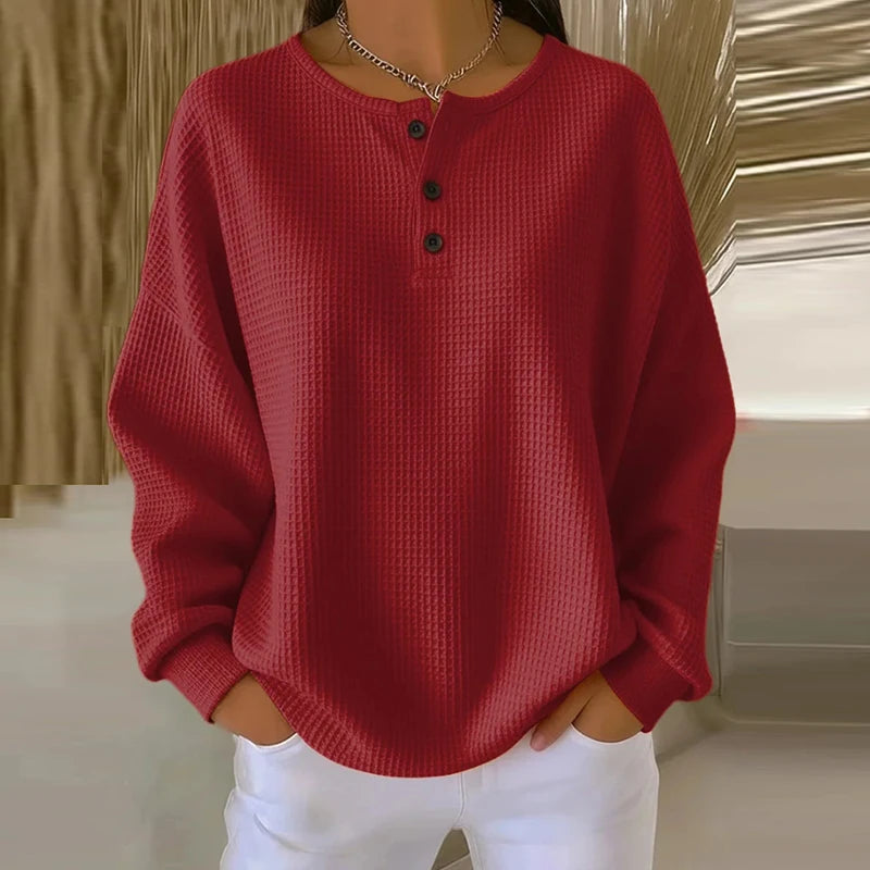 Button Design Pullover — Casual Long Sleeve Top