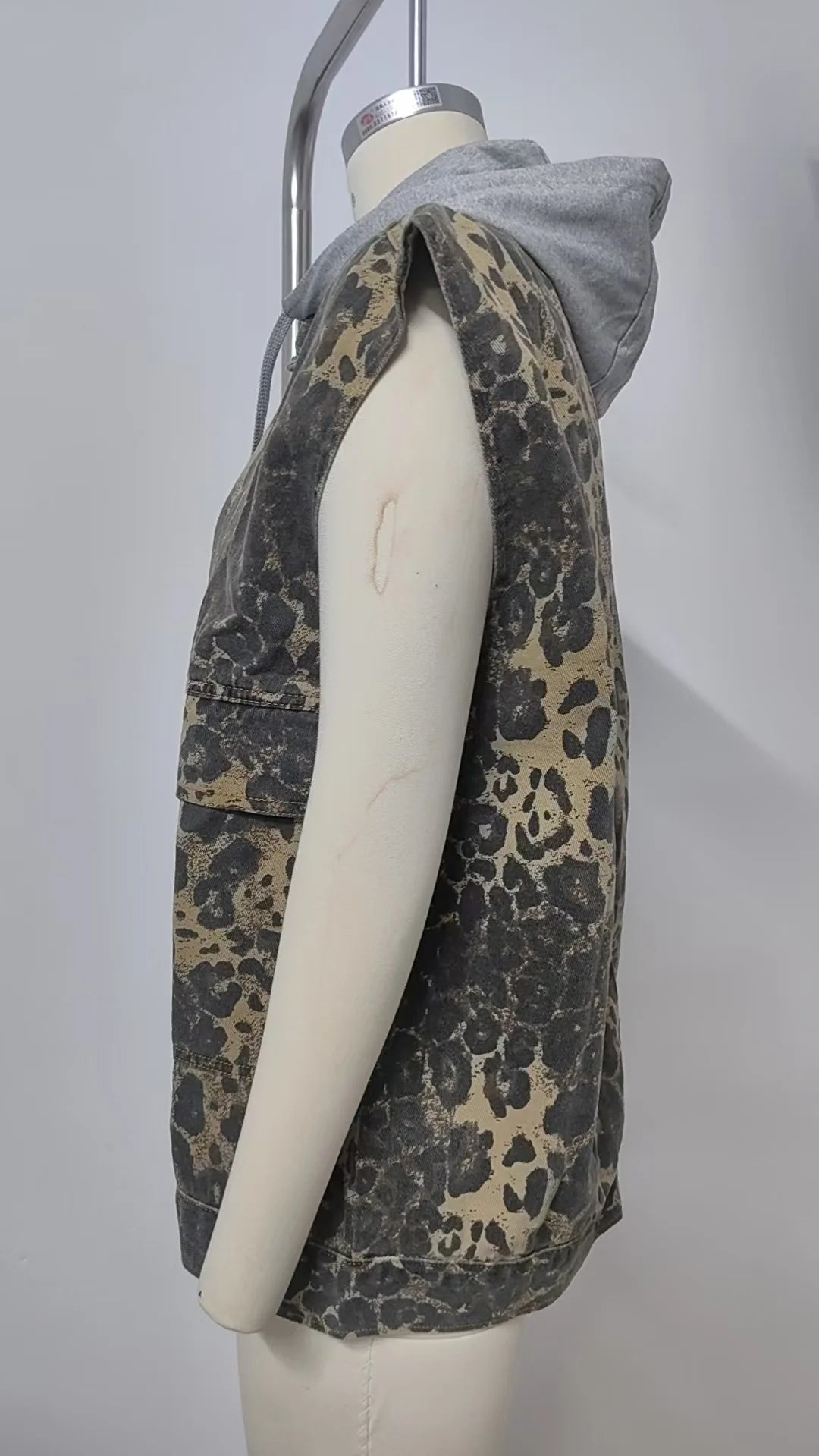 Leopard Denim Hooded Vest Jacket