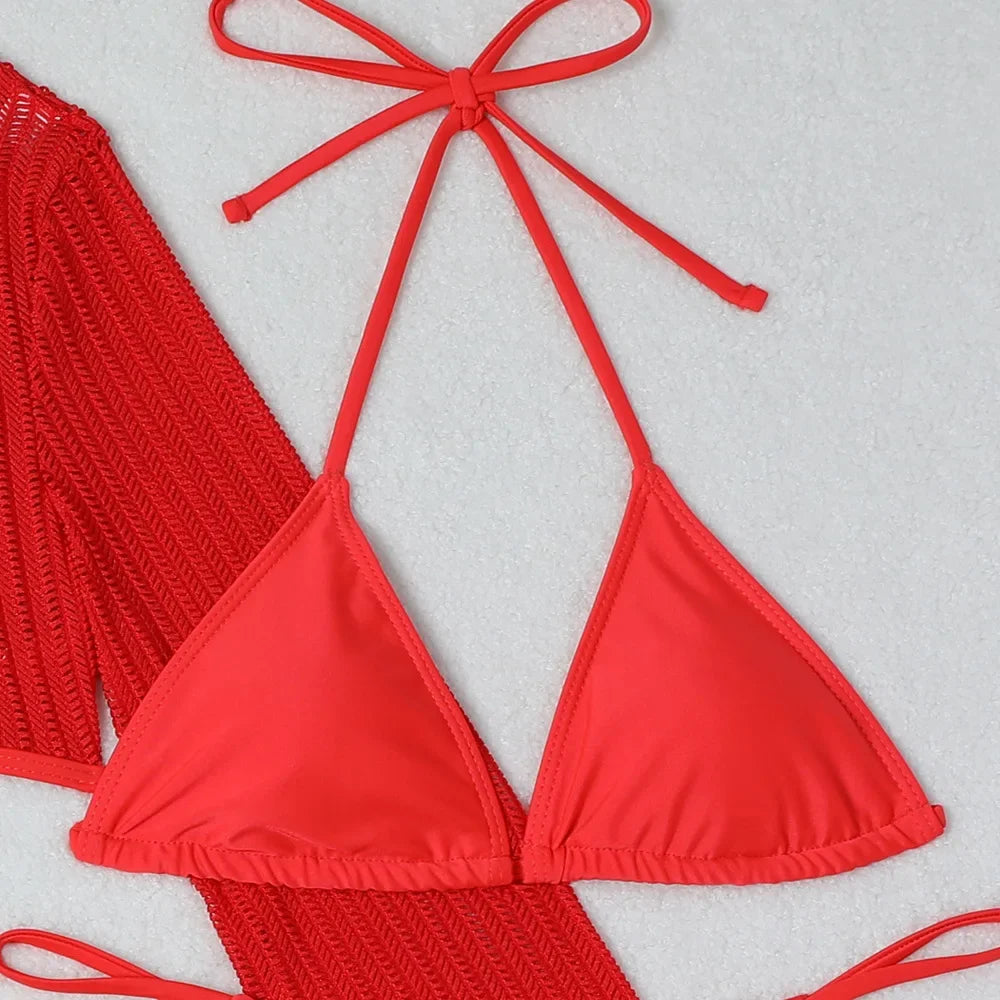 3-Piece Crochet Bikini & Cover-Up Set