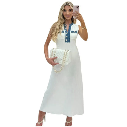 Elegant Knit Denim Splice Midi Dress