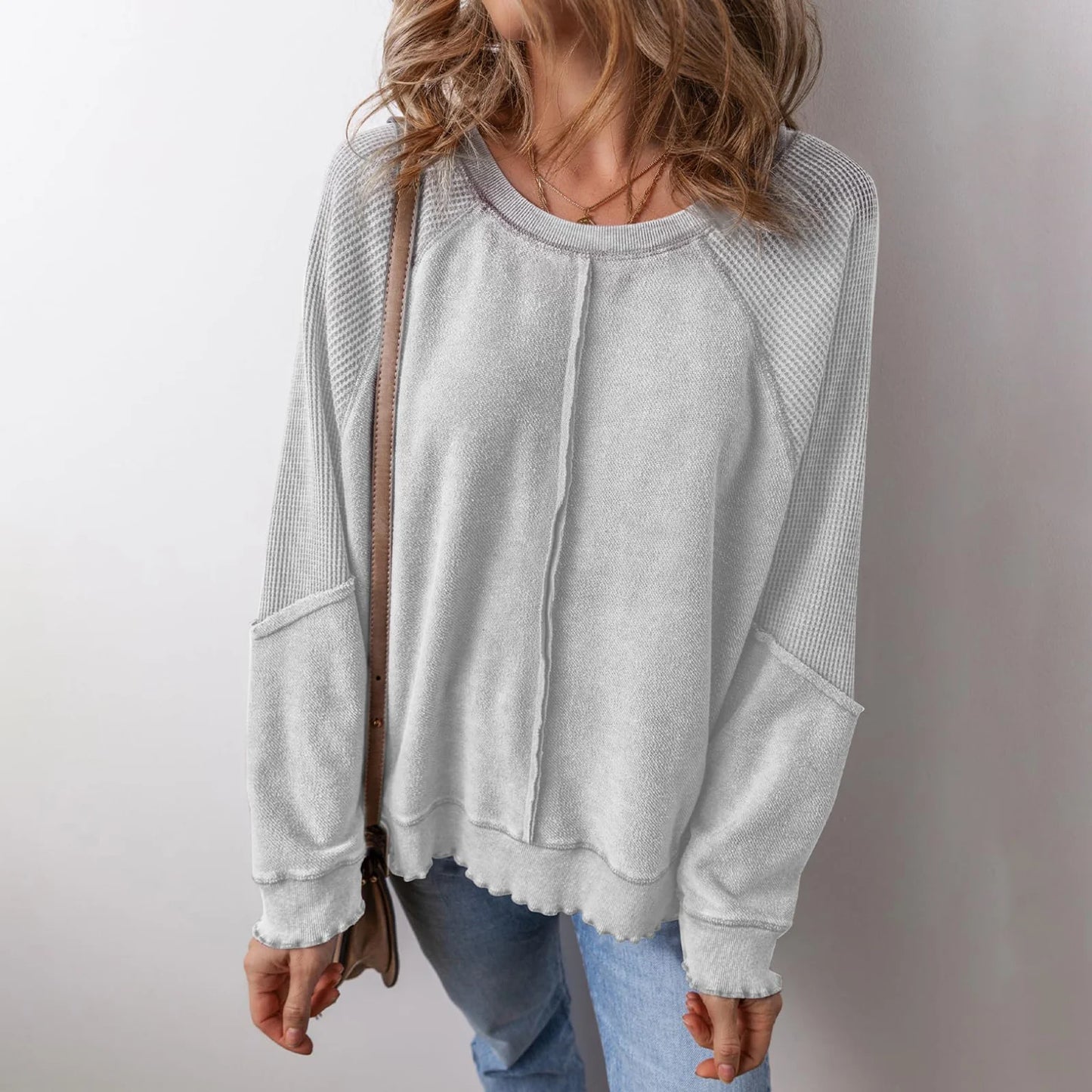 Patchwork Charm Waffle Knit Pullover