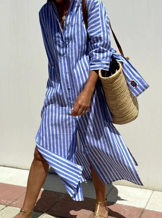 Blue and White Striped Split Shirt Dress