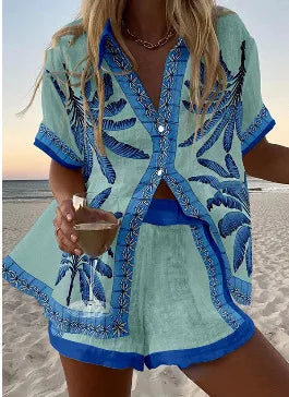 Printed Button Shirt and Shorts Set