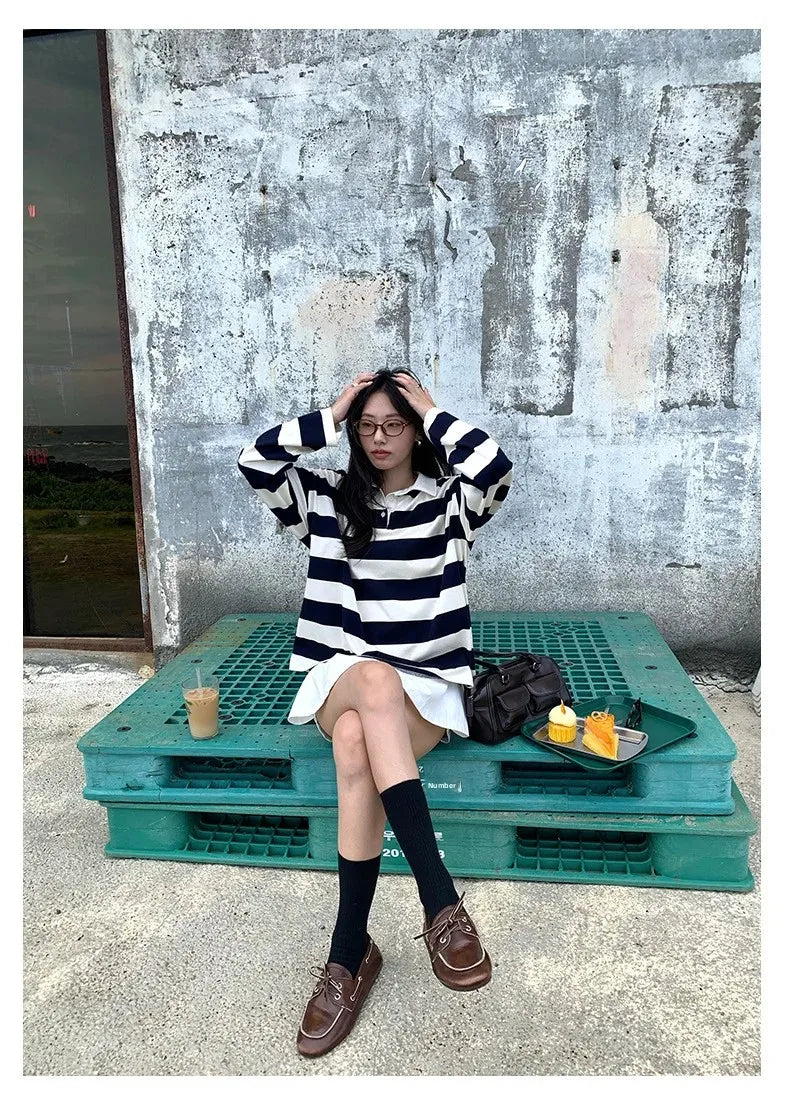 Loose Fit Striped Polo Sweatshirt