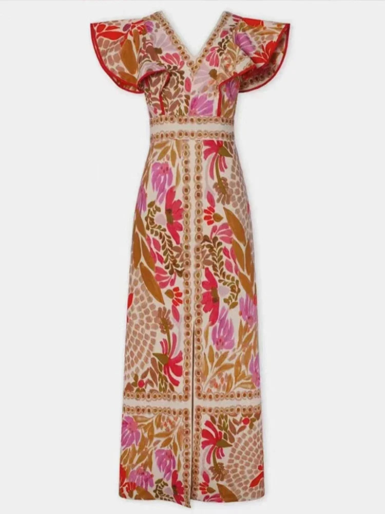 Backless Ruffle V-Neck Maxi Dress