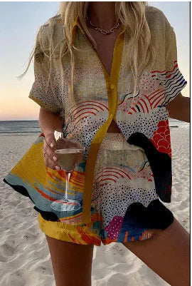 Printed Button Shirt and Shorts Set