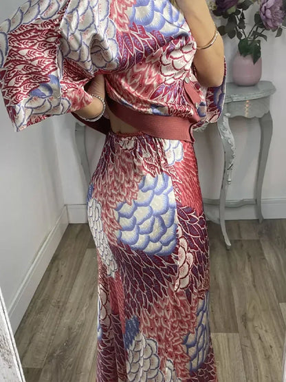 Sophisticated Printed V-Neck Skirt Set