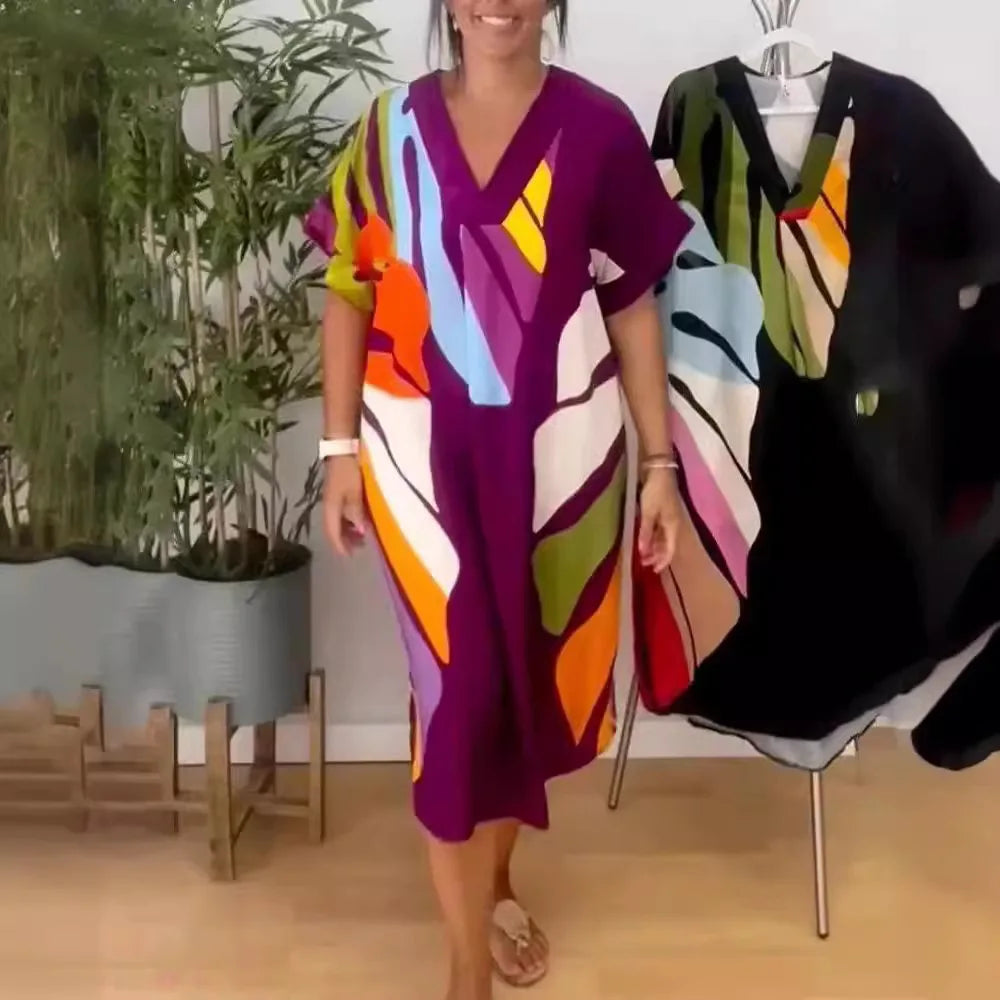 Printed V Neck Loose Summer Dress