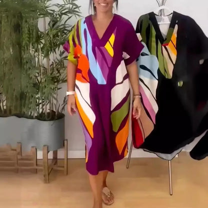 Printed V Neck Loose Summer Dress