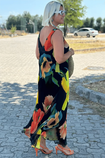 Silken Bloom U-Neck Maxi Dress