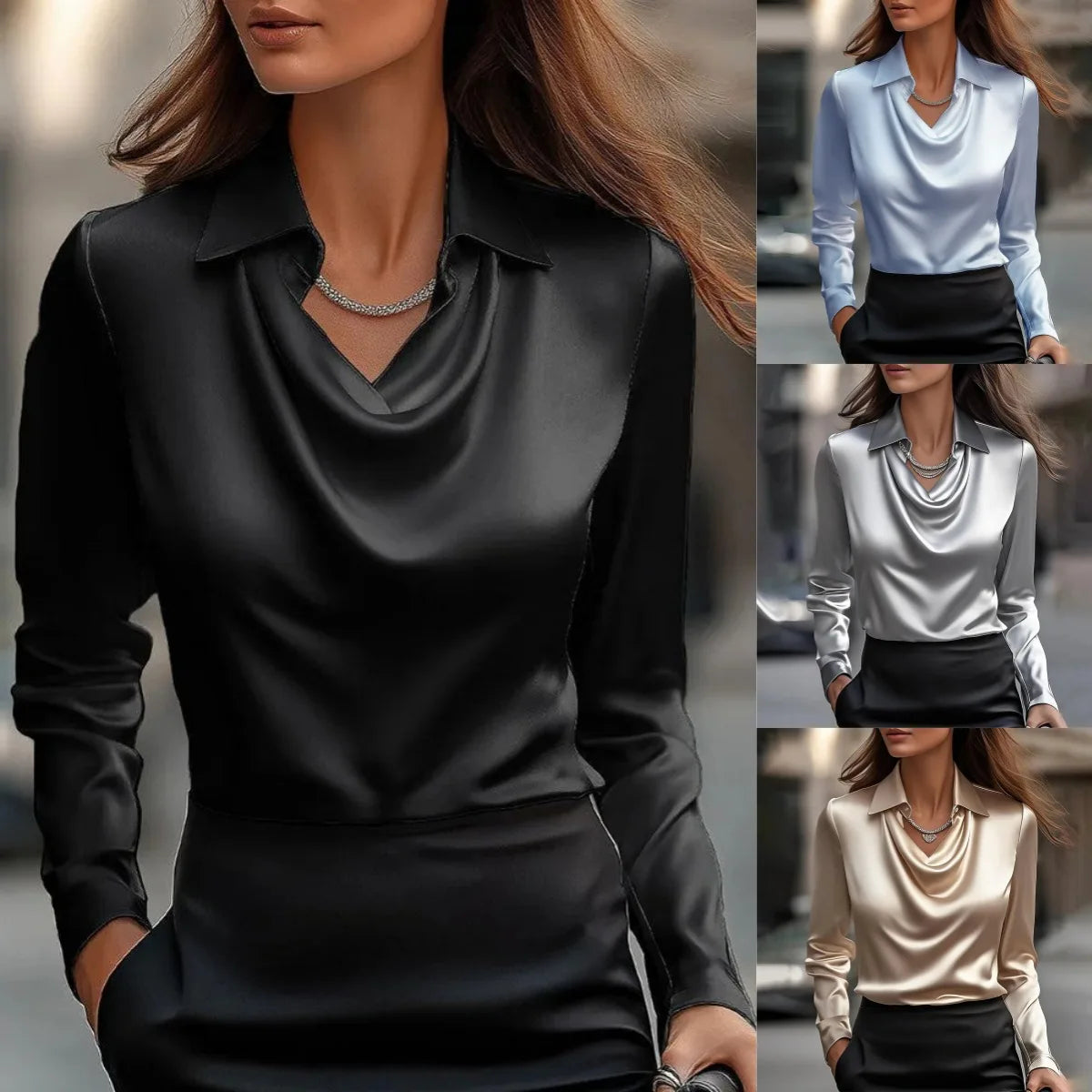 Vintage Satin Long-Sleeve Blouse