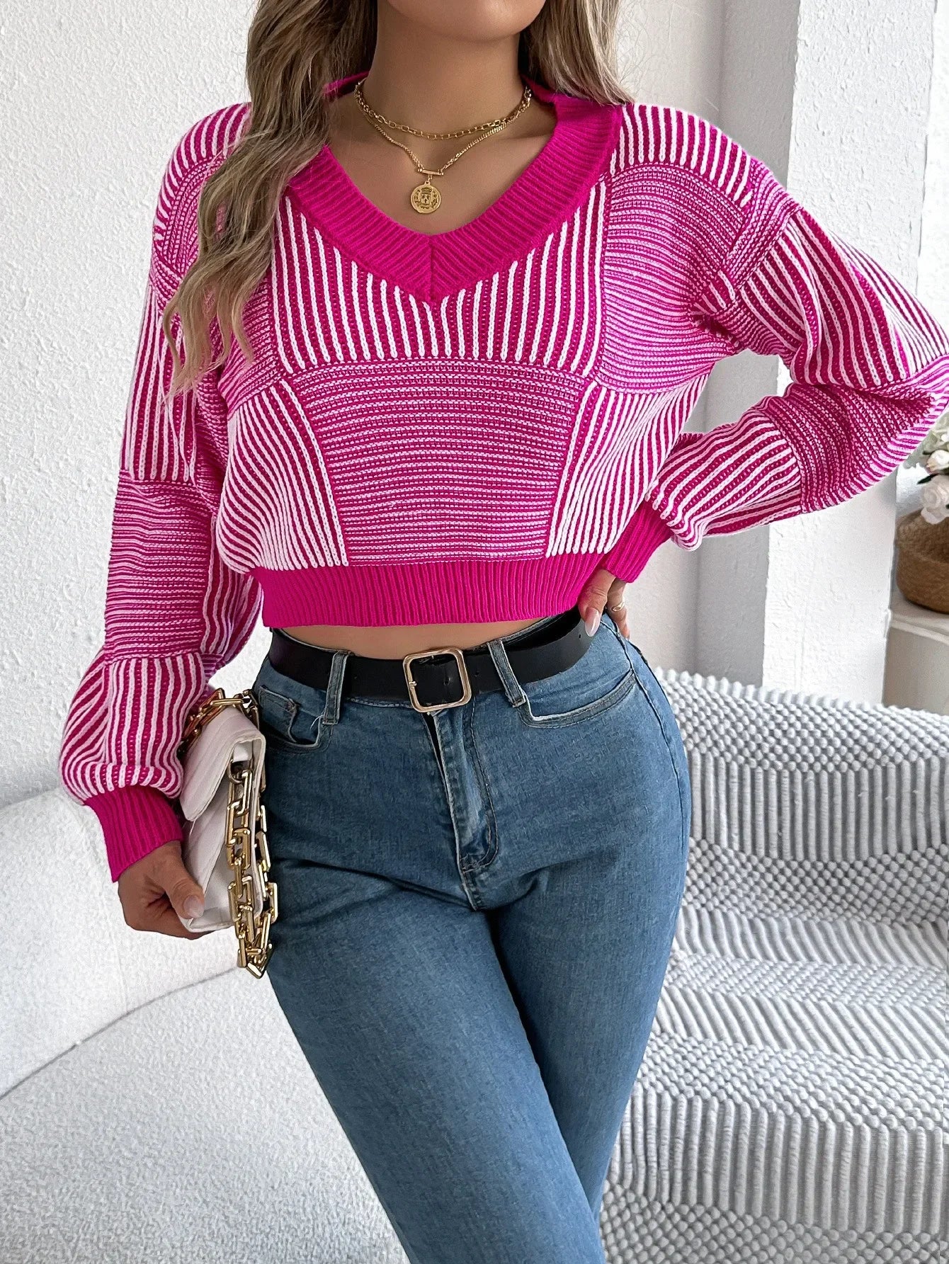 Striped Charm V-Neck Crop Sweater
