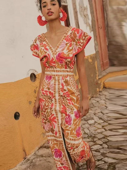 Backless Ruffle V-Neck Maxi Dress