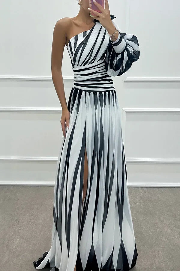 Striped Allure One-Shoulder Dress
