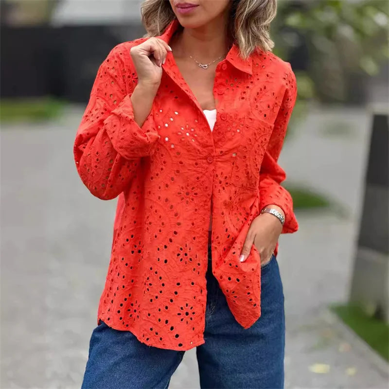 Elegant Hollow Out Long Sleeve Shirt