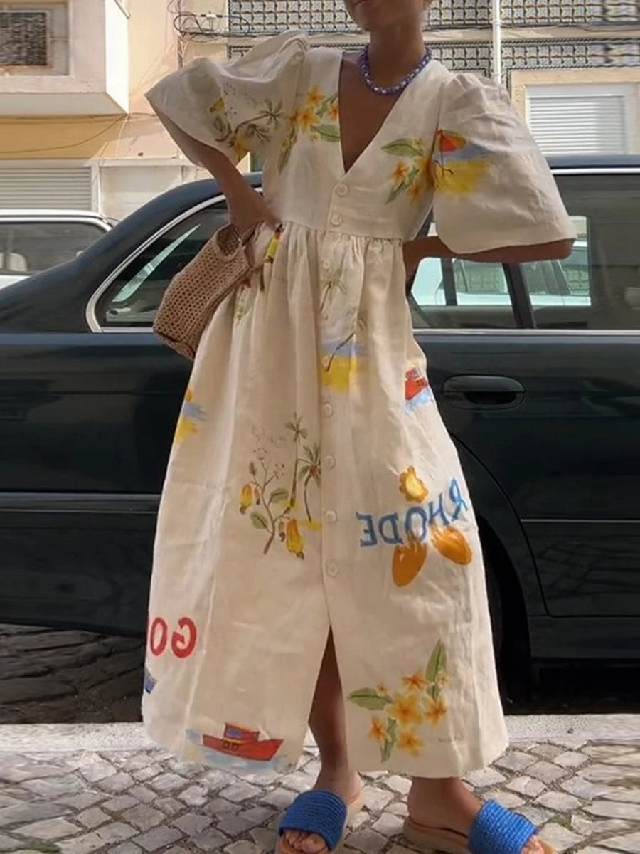 Petal Script V-Neck Maxi Dress
