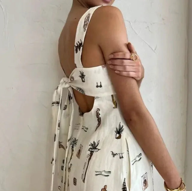 Graffiti Glam Backless Lace-Up Maxi Dress