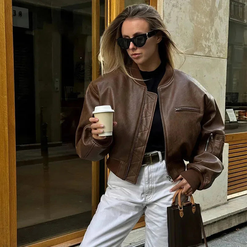Vintage O-Neck Leather Jacket