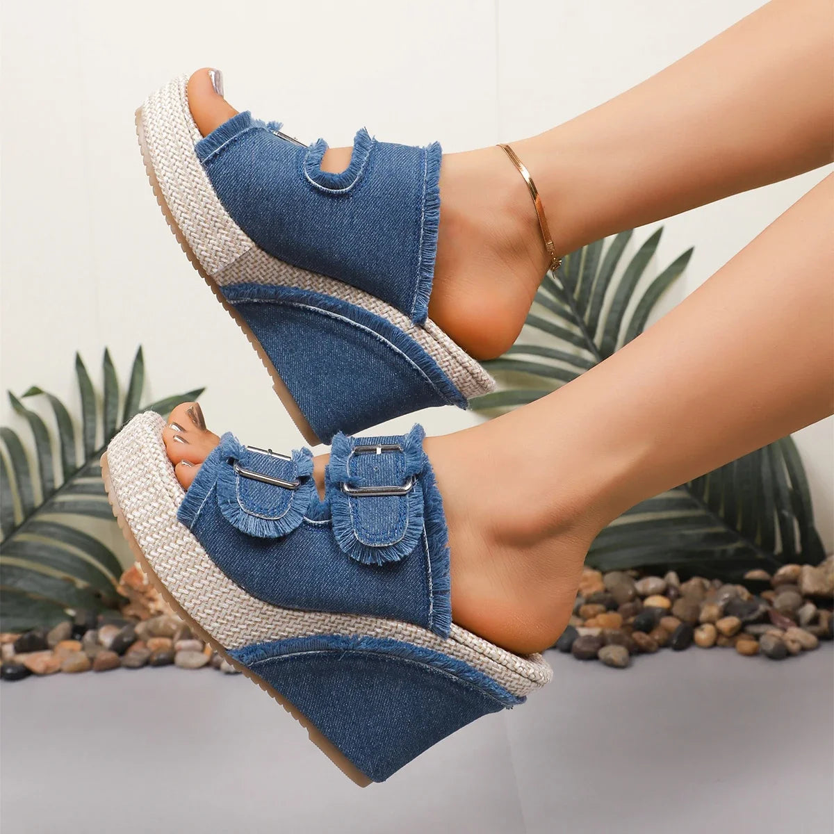 Denim Wedge Platform Buckle Sandals