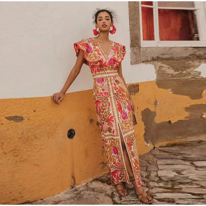 Backless Ruffle V-Neck Maxi Dress