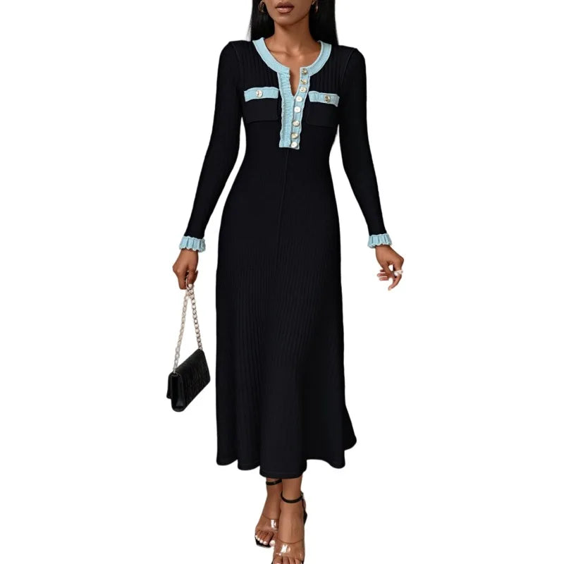 Slim Swing Maxi Dress — Knitted Denim Long Sleeve