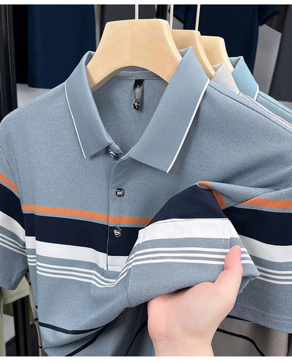 Luxury Color-Block Striped Polo Shirt